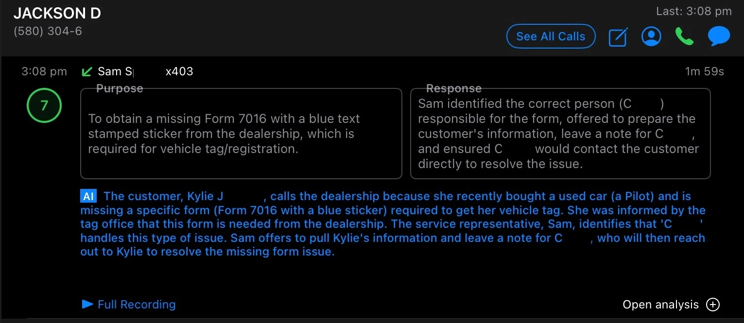Call Intelligence interface showing AI summaries, call scoring, and transcriptions for business calls