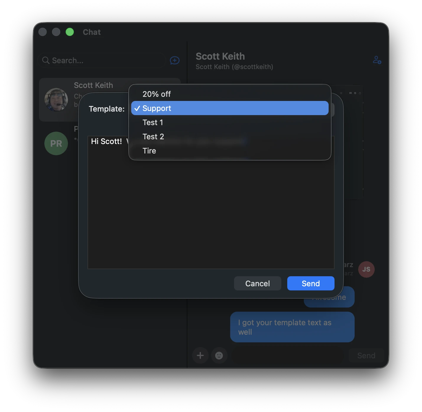 SMS template selector dropdown with multiple template options